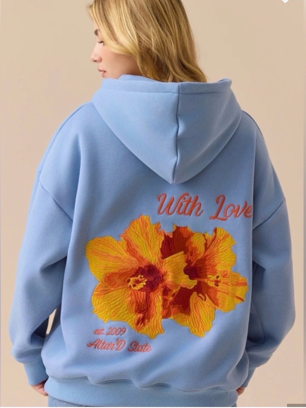 Altar'd State Powder Blue Hoodie with Coral Script